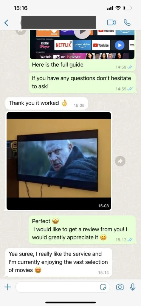 Tvnexu WhatsApp customer support chat screenshot 1